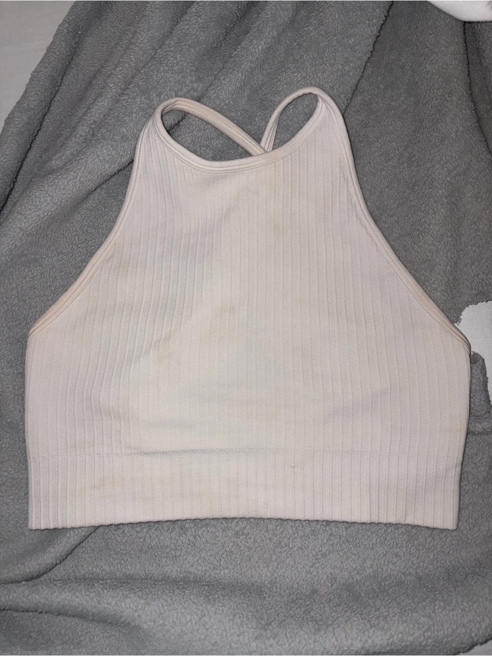 Bershka Ribbed High-Neck Cropped Tank - Light Cream